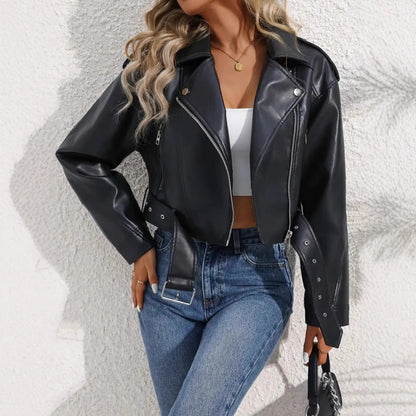 Vintage Lapel Slim-Fit Short PU Leather Jacket Womens Biker Jacket