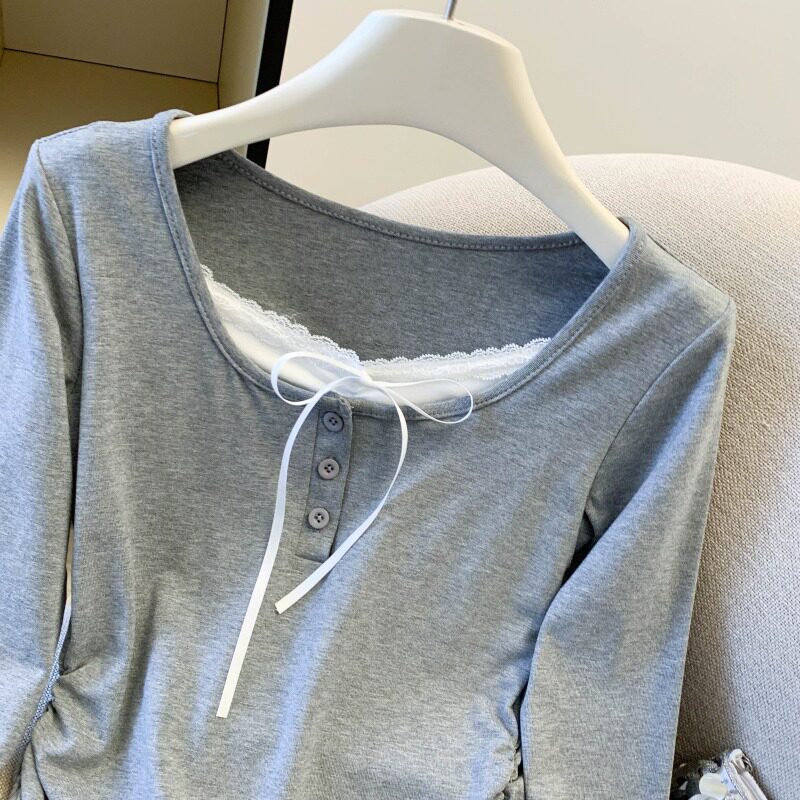 Lace Faux Two-piece Square-neck Long-sleeve T-shirt
