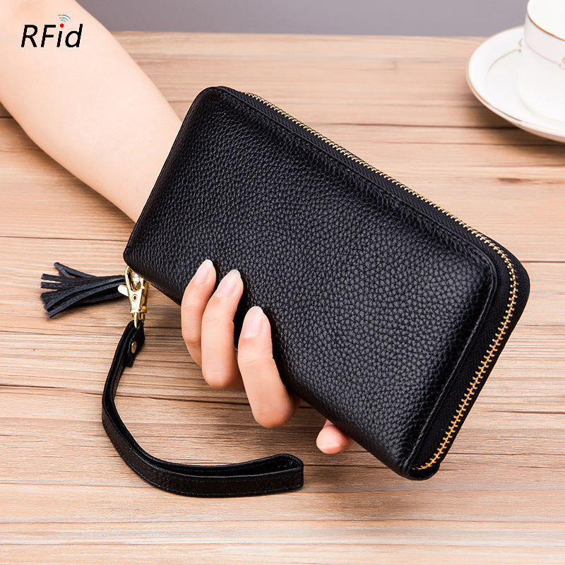 Womens Tassel First-Layer Leather Anti-Scanning Zipper Wallet