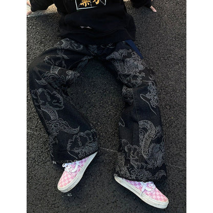 American-style Vintage Edgy Dragon-print Slimming Wide-leg Denim Pants