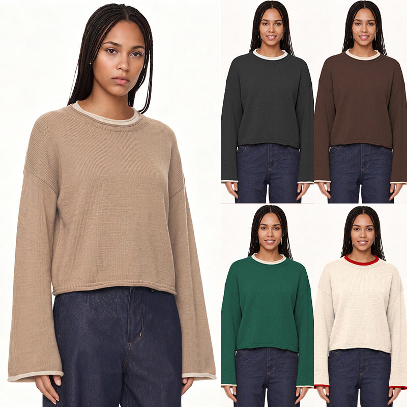 Womens Pullover Sweater Loose-Fit Round-Neck Casual Knit Top