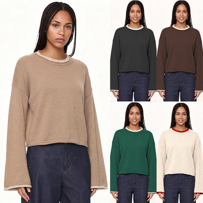 Womens Pullover Sweater Loose-Fit Round-Neck Casual Knit Top