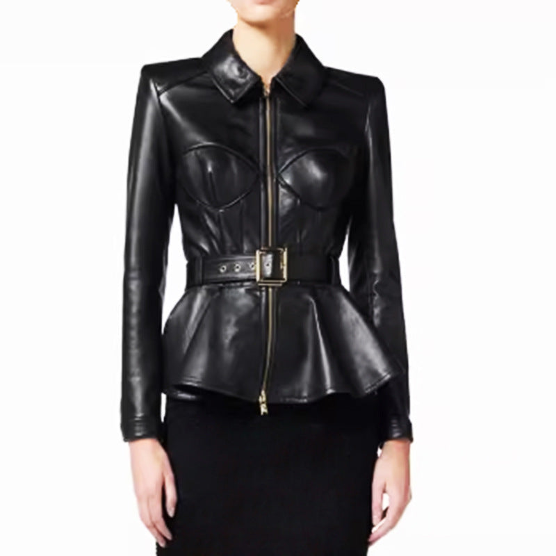 Zipper Belt Lapel Long-Sleeve Coat