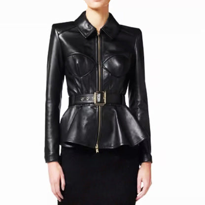Zipper Belt Lapel Long-Sleeve Coat