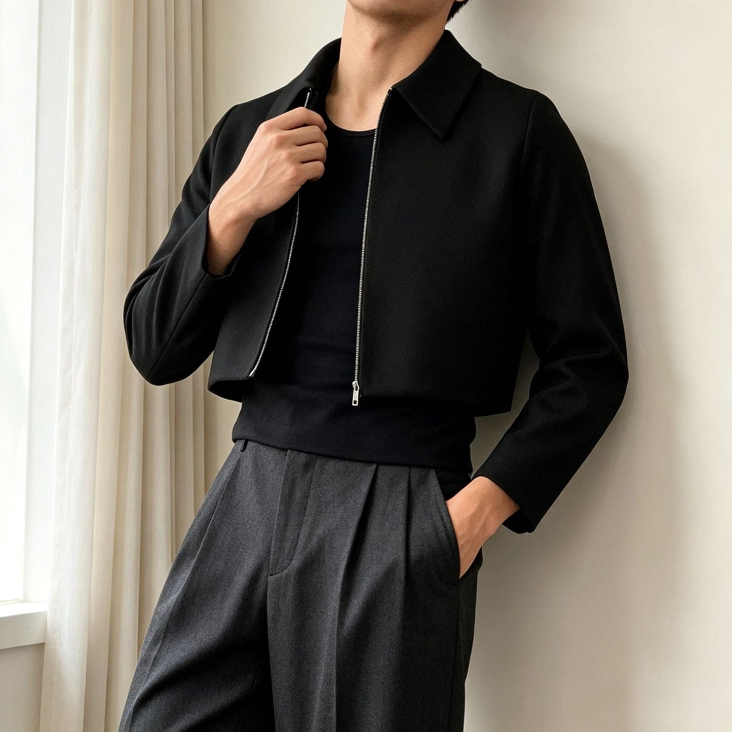 Mens Lapel Jacket With A Two-way Zipper Outerwear