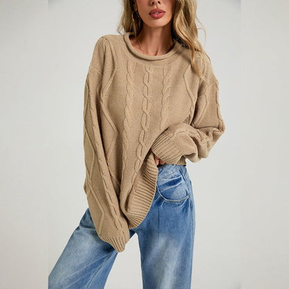 Womens European And American-style Loose-fitting Crew-neck Knit Sweater