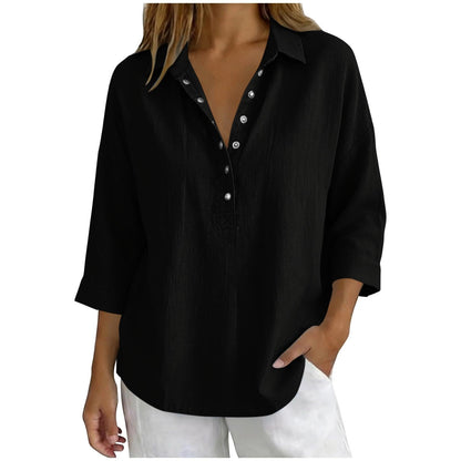Womens Solid-Color Casual Three-Quarter-Sleeve Shirt