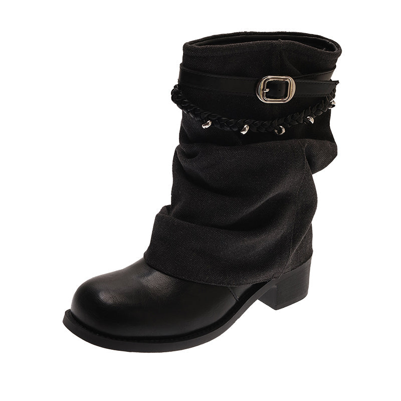 Vintage Style Block Heel Pleated Pants Tube Boots Womens 2026 Autumn New Arrival Trendy Fashion Boots Martin Boots Slouchy Ankle Boots
