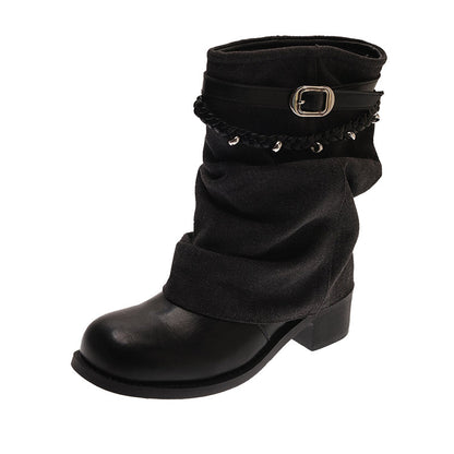 Vintage Style Block Heel Pleated Pants Tube Boots Womens 2026 Autumn New Arrival Trendy Fashion Boots Martin Boots Slouchy Ankle Boots
