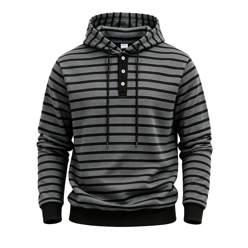 Mens Loose-Fit Striped Hoodie With Three Buttons