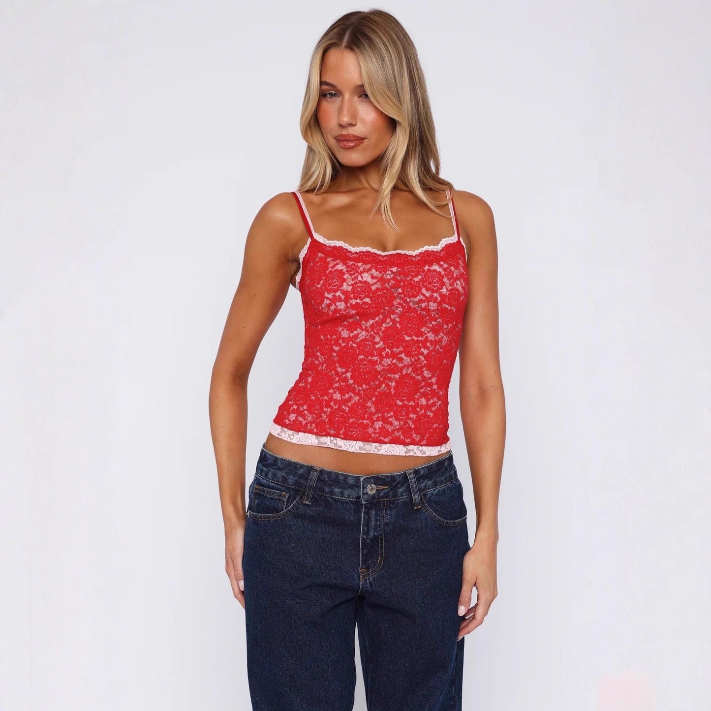 Womens Two-Color Lace Jacquard Camisole Sexy Chic Top