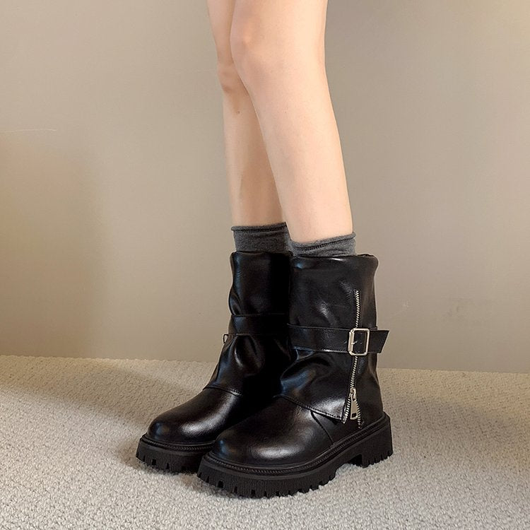 Women's Premium Denim Leather Boots, Wasteland Style Ankle Boots, New Ruched Belt Buckle Slouchy Pants Shaft Comfort Zip Boots