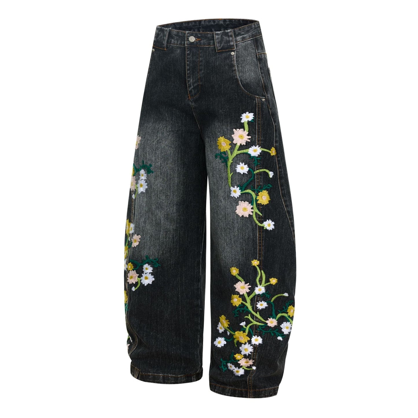 Womens High-waisted Relaxed-fit Floral-embroidered Jeans