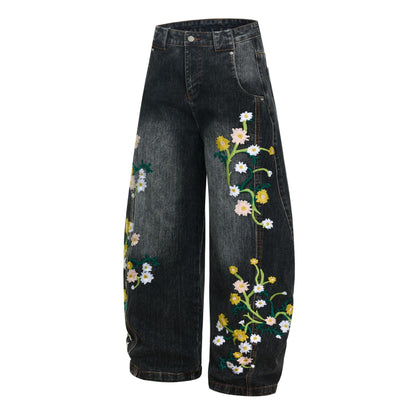 Womens High-waisted Relaxed-fit Floral-embroidered Jeans