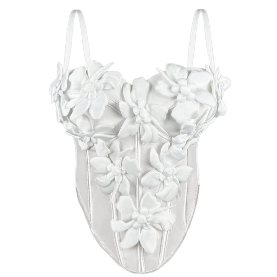 Cross-border Europe And The United States New Three-dimensional Flower Camisole Top Slim-fit Pure Desire Style Sexy Fish Bone Chest