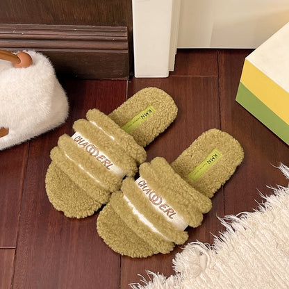 Women's Furry Slippers For Outdoor Wear, 2026 New Autumn Winter Trendy Single Band Fluffy Cotton Slippers