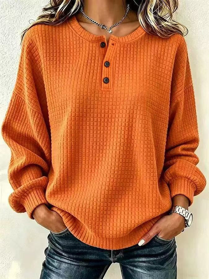 Womens Plaid Casual Loose-fit Crew-neck Long-sleeve Sweatshirt With Buttons