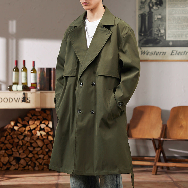 Mens Solid-color Versatile Mid-length Trench Coat