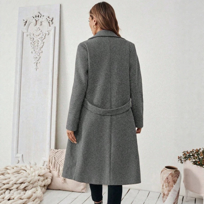 Womens Solid-color Wool Coat With A Lapel And Double-breasted Design