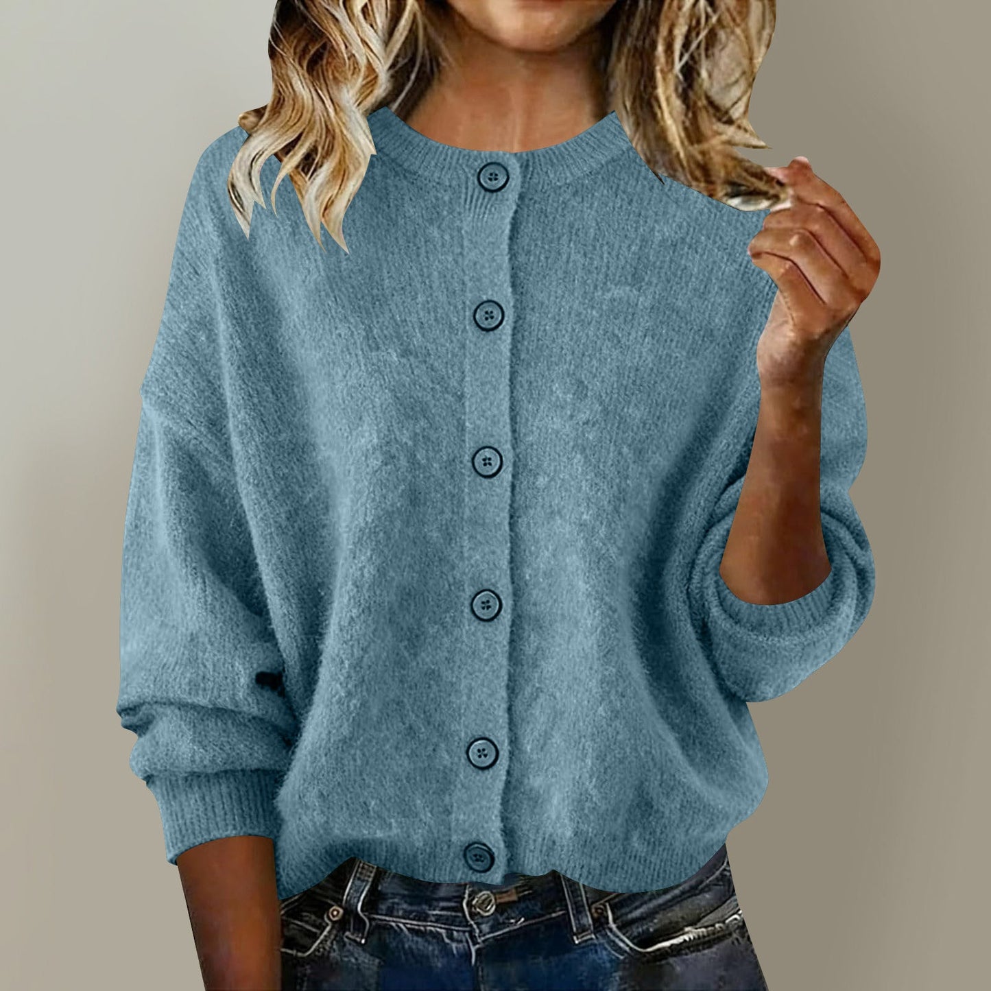 2025 European And American Cross-Border Autumn And Winter Women's Knitted Round Neck Long-Sleeved Pure Color Casual Fashion Knitted Cardigan