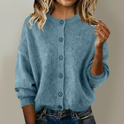 2025 European And American Cross-Border Autumn And Winter Women's Knitted Round Neck Long-Sleeved Pure Color Casual Fashion Knitted Cardigan