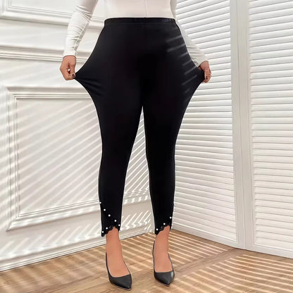 Womens Pencil Pants With Lace Trim And Pearl Accents For Outerwear