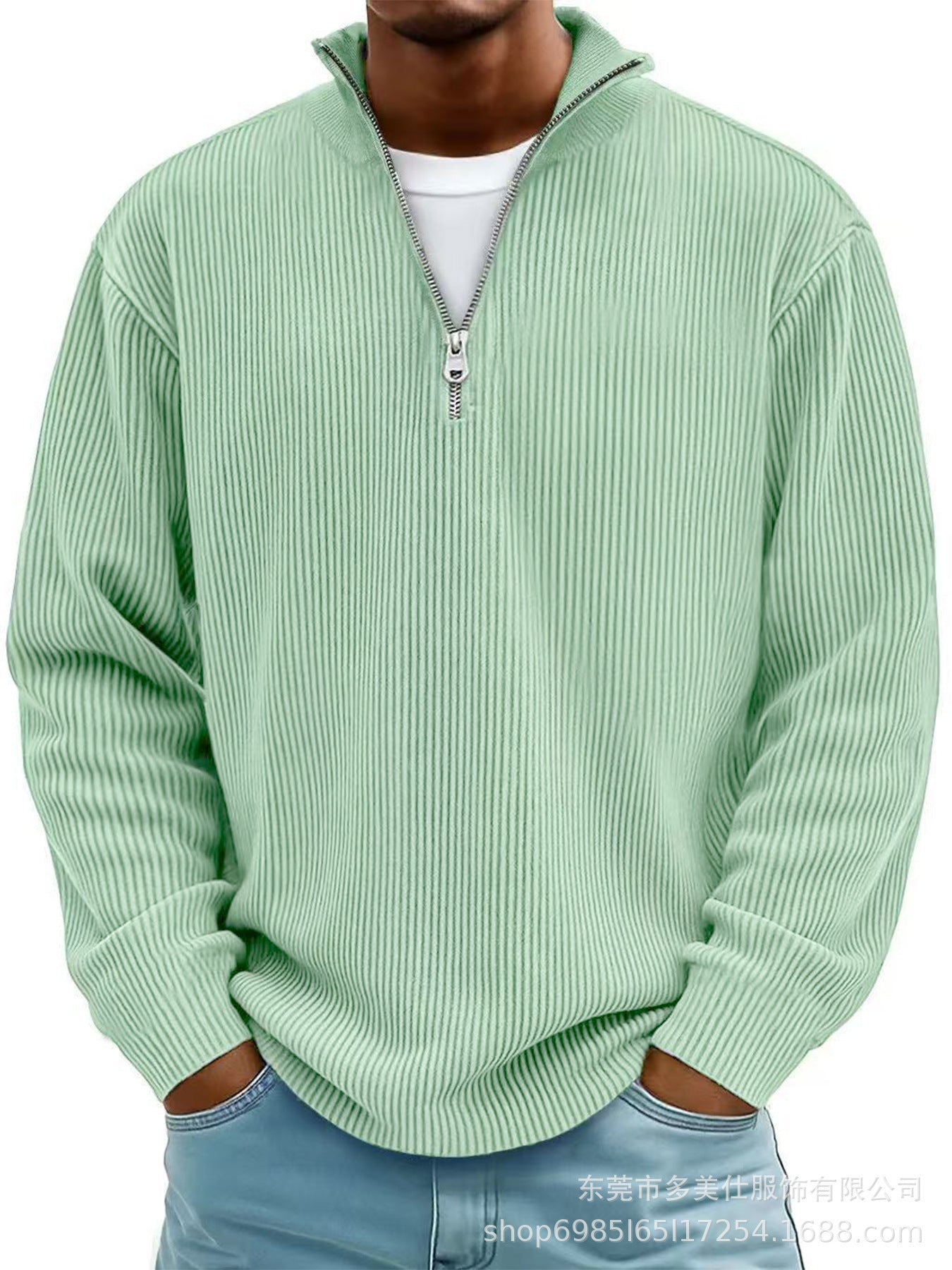 Autumn And Winter New Men's Casual Stand-Up Collar Zipper Corduroy Long-Sleeved Men's Polo Shirt Sweatshirt