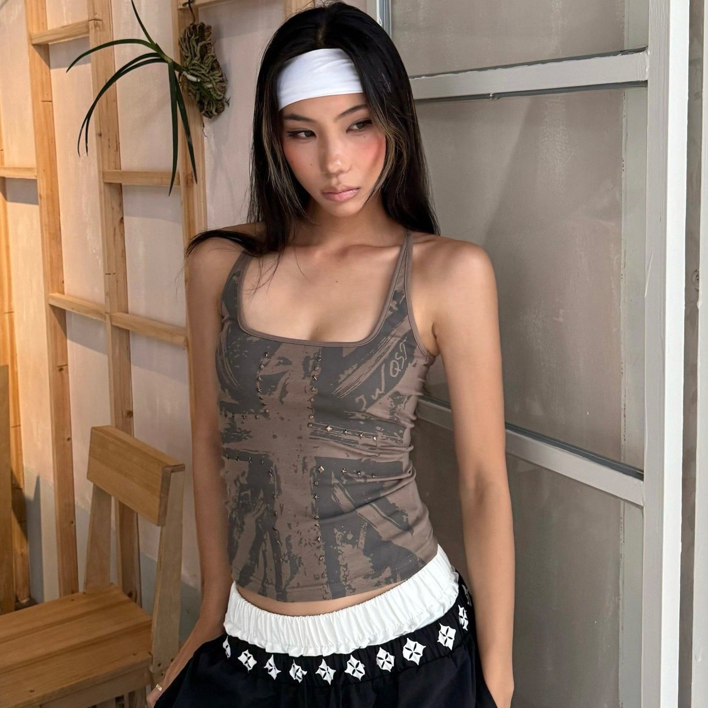 Cross-printed Studded Halter Vest Figure-hugging Sexy Sleeveless Top