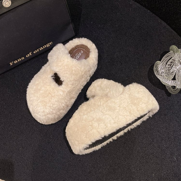 Women's Platform Closed Toe Furry Slippers For Outdoor Wear, 2026 Autumn Winter New Arrival, Fleece Lined Slip-On Height Increasing Cotton Slides For Petite Women