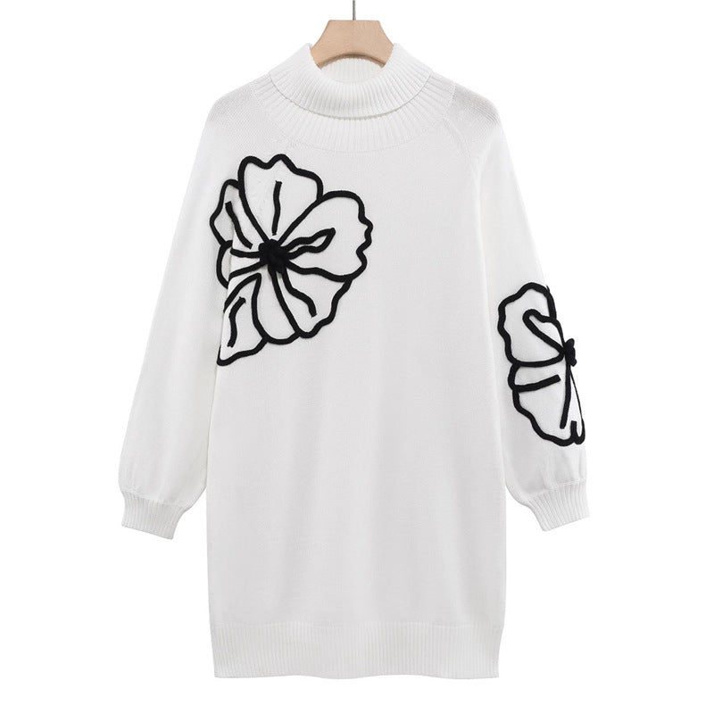 Elegant Oversied Long Sleeve Black Floral Outline Knit Dress For Autunm & Winter