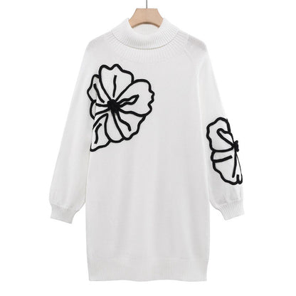 Elegant Oversied Long Sleeve Black Floral Outline Knit Dress For Autunm & Winter