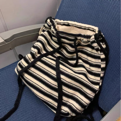 Fashion Black White Striped Drawstring Backpack Ins Lazy Style Large Capacity Canvas Bags Women Cute Campus Schoolbag For Girls