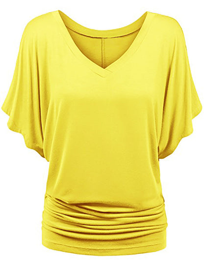 Plus-size Loose-fit Batwing-sleeve V-neck Short-sleeve T-shirt Top