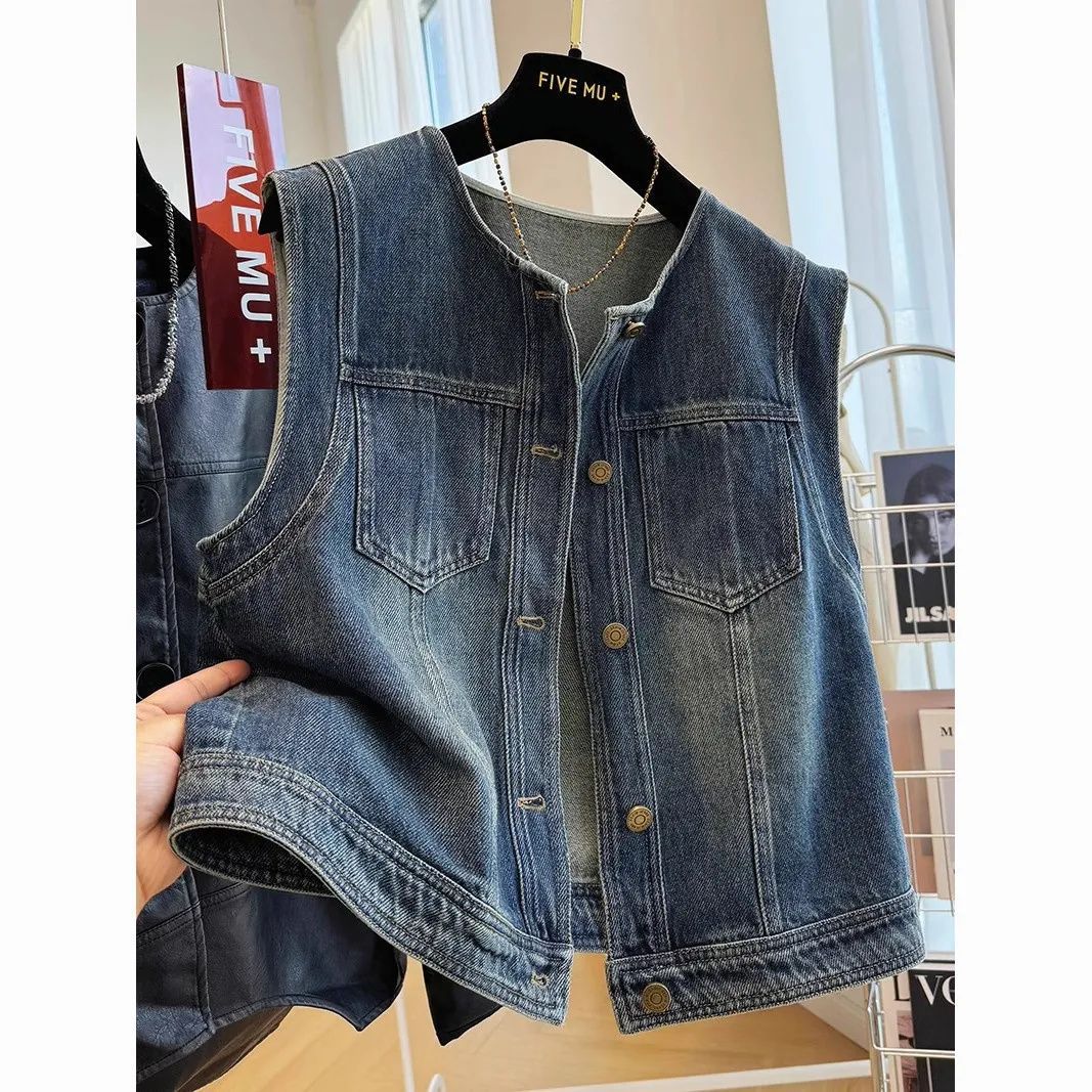 Round-neck Loose-fit Figure-flattering Denim Vest Jacket