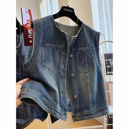 Round-neck Loose-fit Figure-flattering Denim Vest Jacket