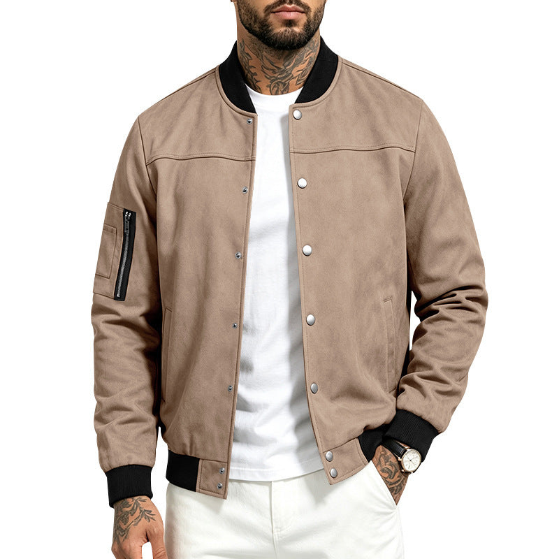 Mens Suede-Blend Casual Sporty Stand-Neck Jacket With Buttons