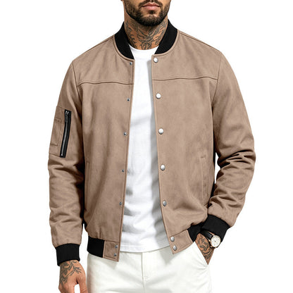 Mens Suede-Blend Casual Sporty Stand-Neck Jacket With Buttons