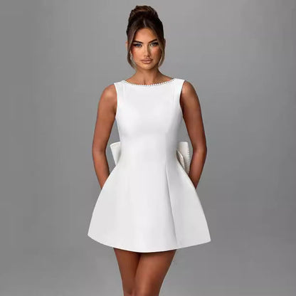 Fashion Big-Bowed Pearls Backless Dress Summer Slim Sleeveless A-line Dresses For Party Evening Women's Clothing