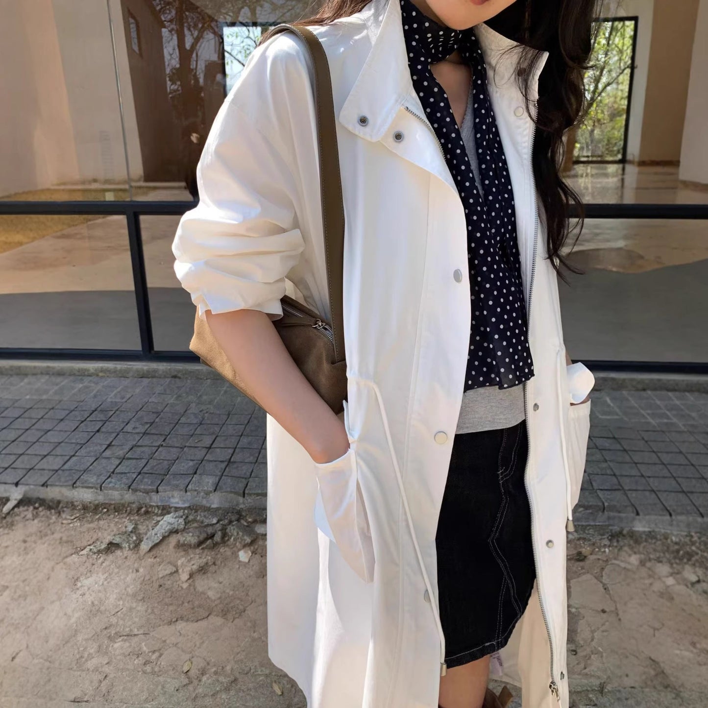 Loose Casual Stylish Long Trench Coat With A Stand Collar And Drawstring