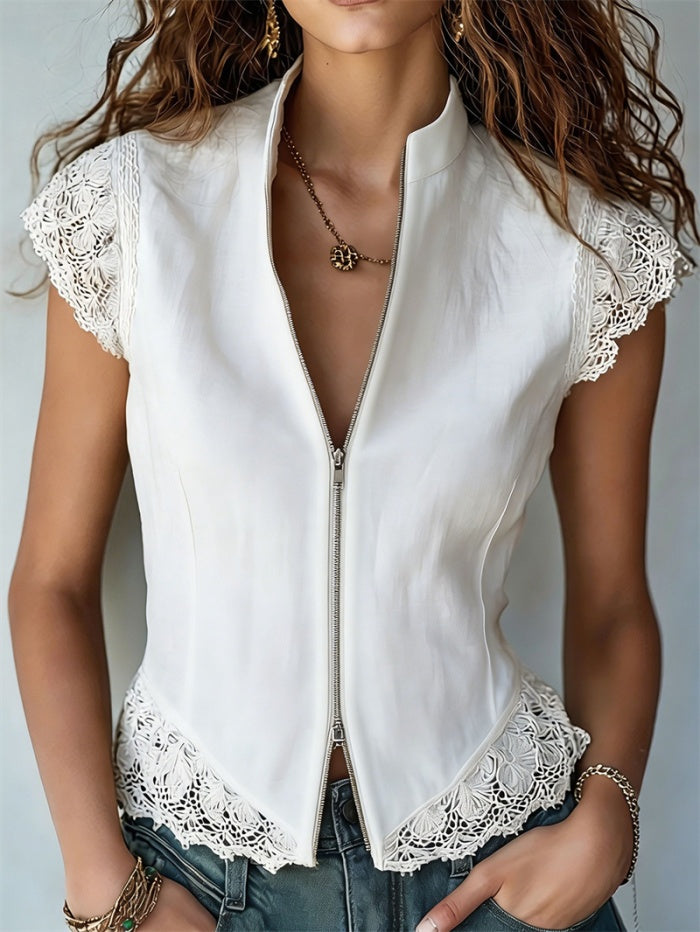 Lace Trim Zip Front Stand Collar Vest Top
