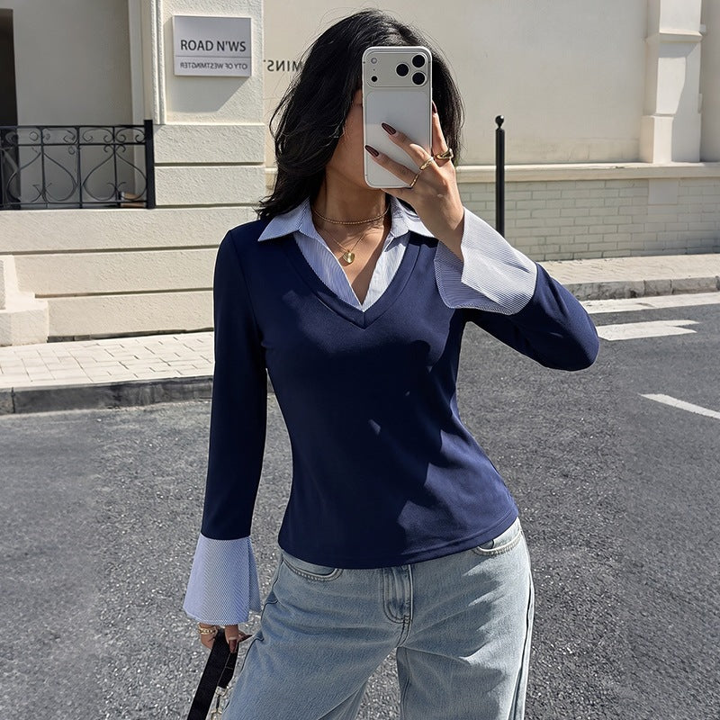 Color-block V-neck Fitted Top For Women