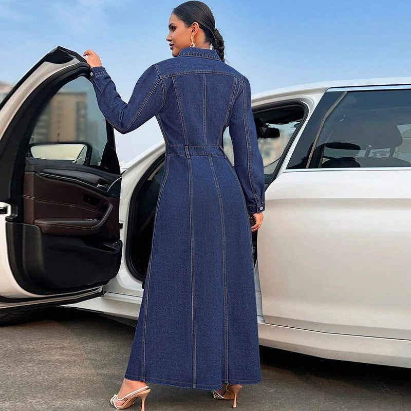 European And American Style New Plus-Size Women's Clothing With Button-Down Design, Long-Sleeved Long Coat-Style Dress, Denim Long Trench Coat