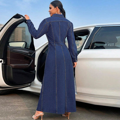 European And American Style New Plus-Size Women's Clothing With Button-Down Design, Long-Sleeved Long Coat-Style Dress, Denim Long Trench Coat