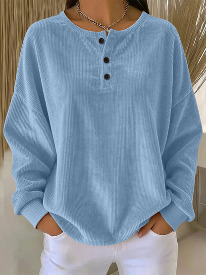 Women's Loose-fitting Round-neck Solid-color Button Sweatshirt