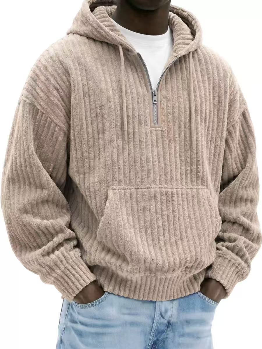 Solid-color Loose-fitting Corduroy Mens Hoodie