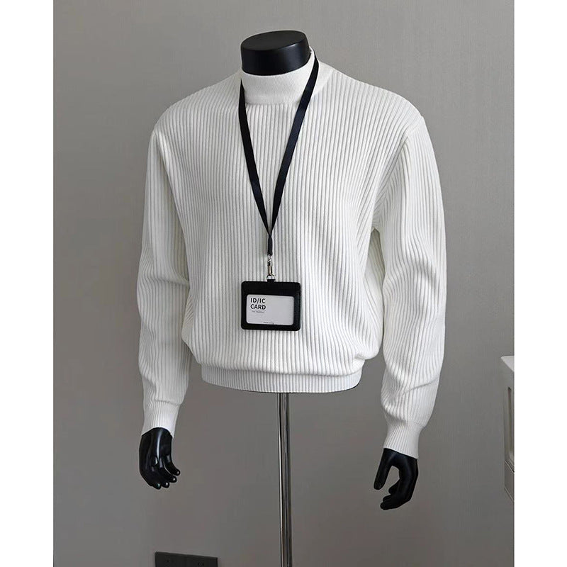 Mens White Ribbed Turtleneck Sweater Knitted Top