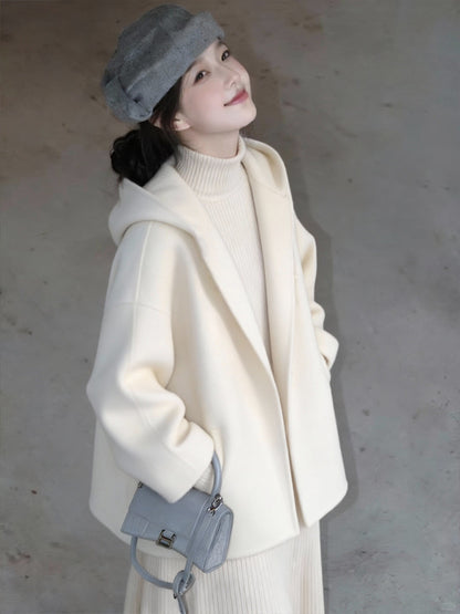 Womens White Hooded Double-Faced Wool Coat