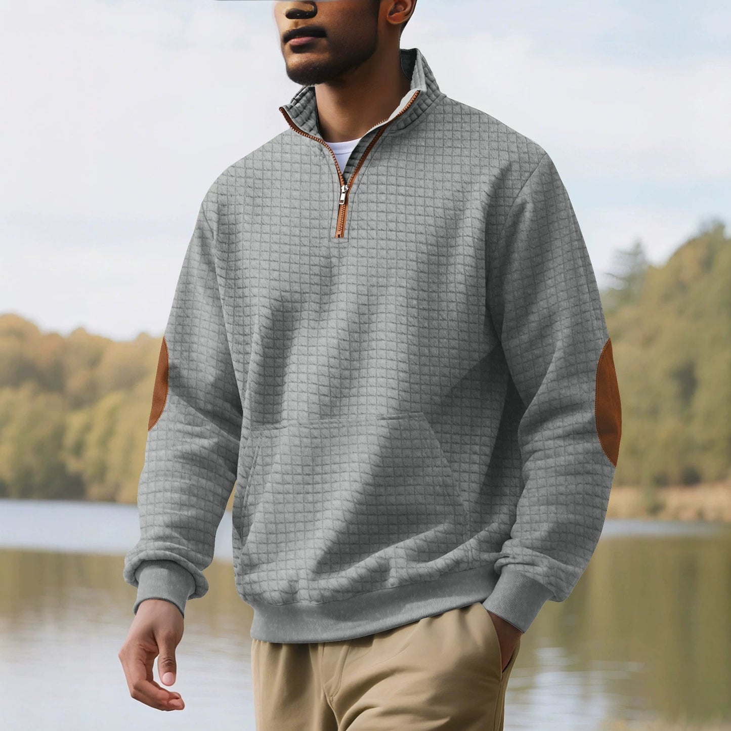 Cross-border Amazon Men's Autumn & Winter Half-Zip Suede Jacquard Small Check Long-Sleeve Stand Collar Casual Sweatshirt