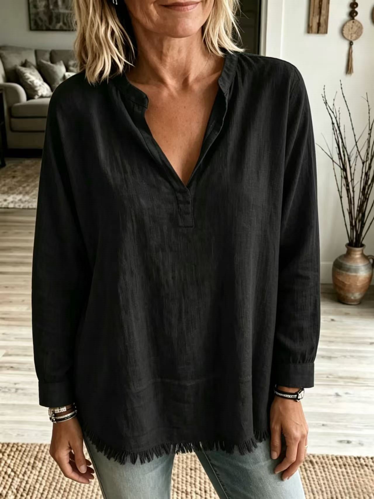 Women Solid Shirt Notch Collar V Neck Long Sleeve Tassel Fringe Hem Loose Casual Blouse Tops Spring Summer