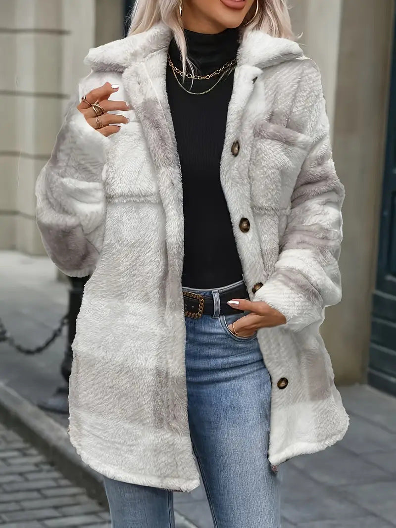 Womens Fallwinter Lambswool Lapel Loose-fit Casual Plaid Plush Long-sleeve Coat